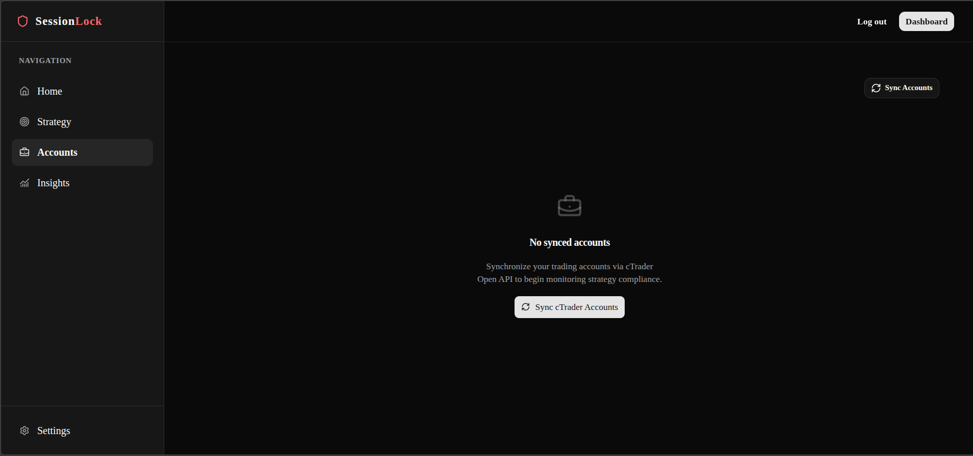 Accounts tab in the SessionLock sidebar