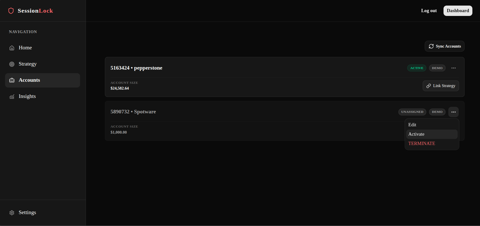 Activate option in the account card menu