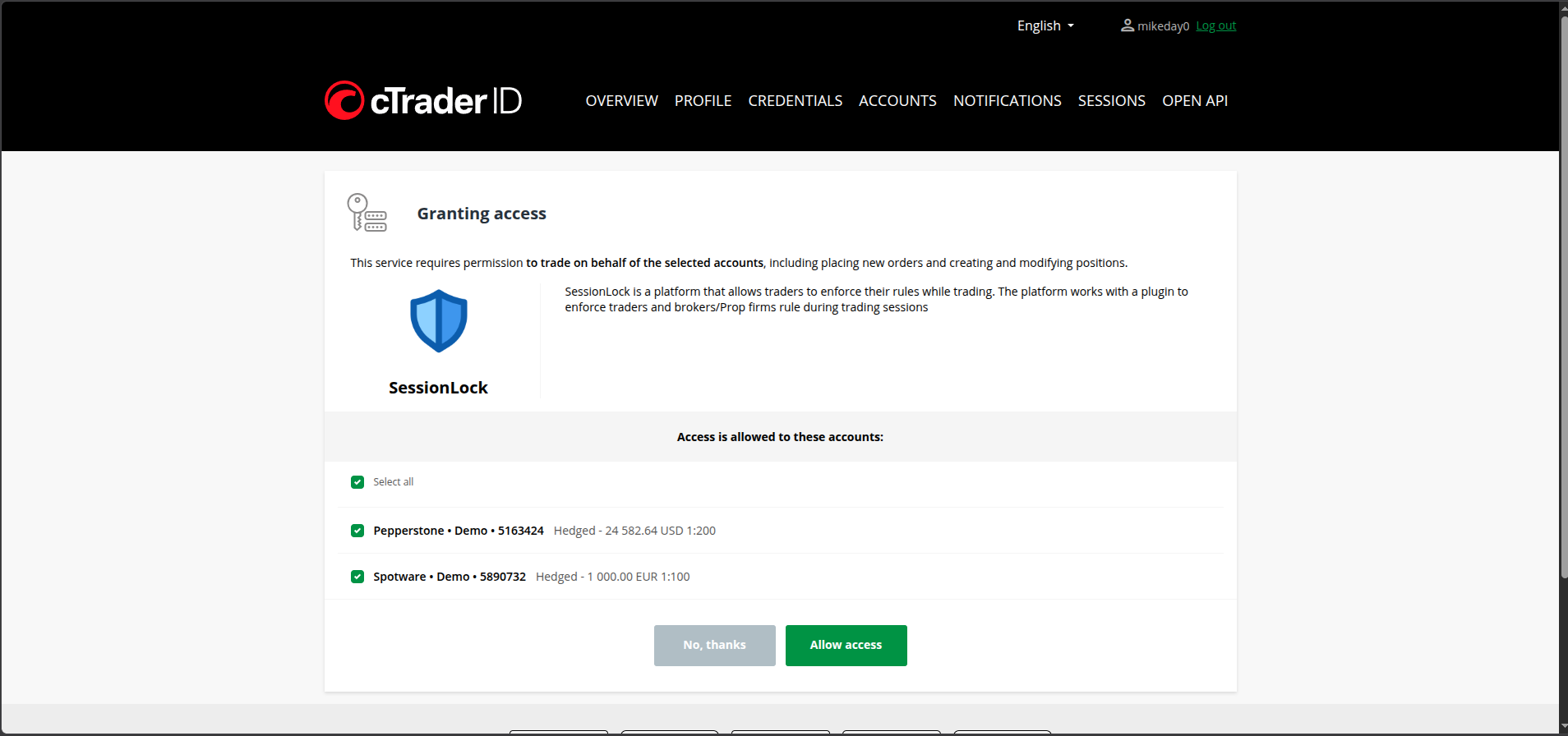 cTrader authorisation screen