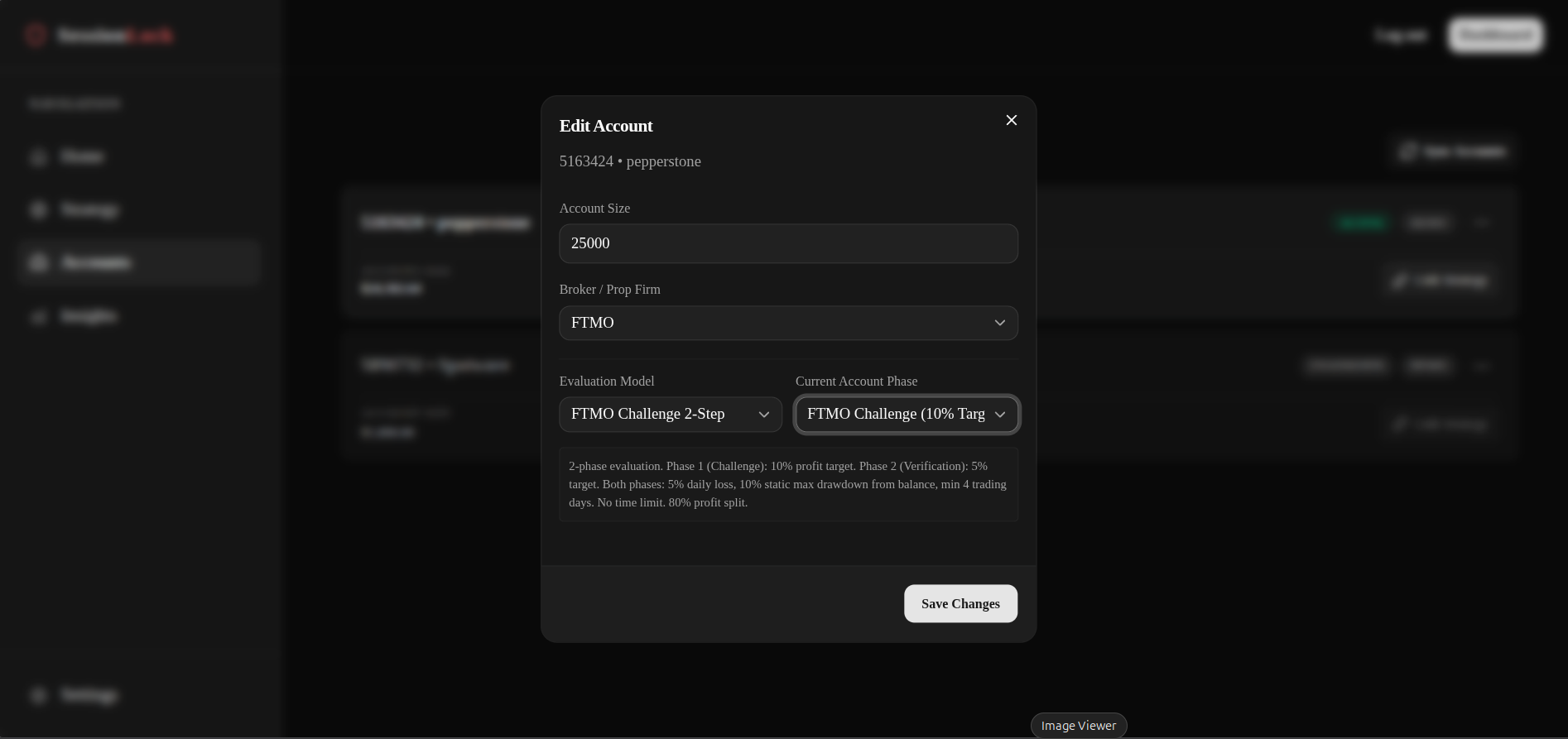 Edit account popup with broker and prop firm fields